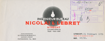 711810 Briefhoofd van een brief van Ingenieur-Bureau Nicolai & Lebret, Lucasbolwerk 18 te Utrecht.